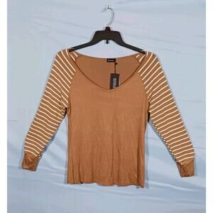 SUNNYME Women's Medium Tan Brown Striped Long Sleeve Top Rayon NWT